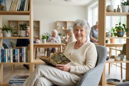 Femme senior souriante dans un salon lumineux