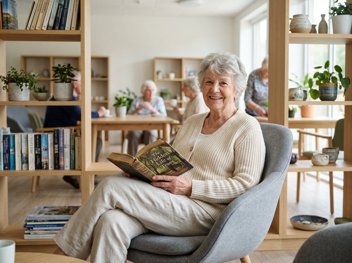 Femme senior souriante dans un salon lumineux