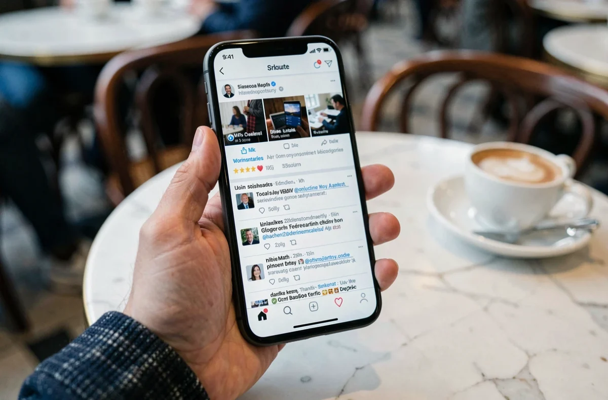 Main tenant un smartphone affichant des fils d'actualité, symbolisant la propagation des rumeurs sur la santé de Roland Cayrol sur les réseaux sociaux