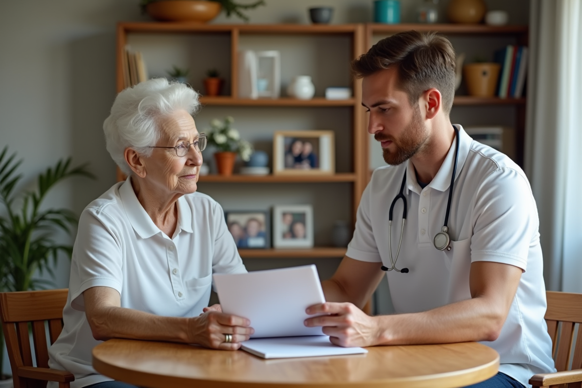 Jeune soignant discutant avec une personne âgée à domicile