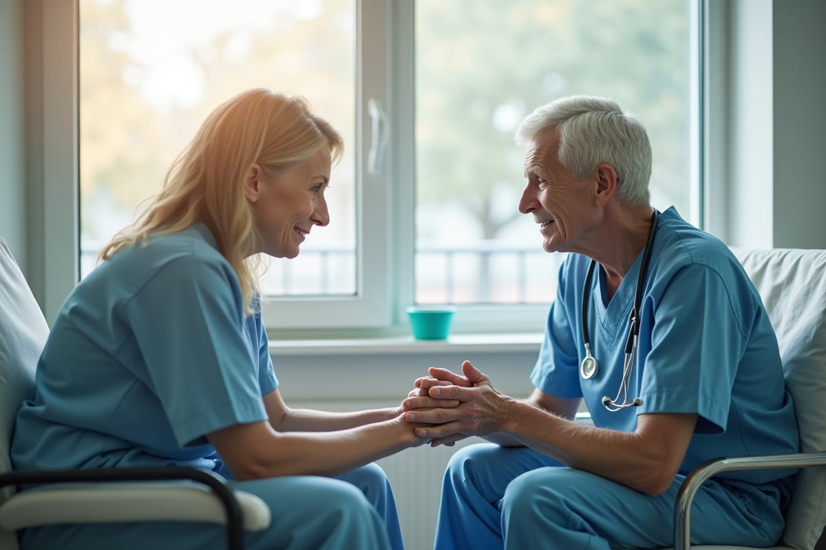 Infirmière compatissante auprès d'un patient âgé dans une chambre lumineuse