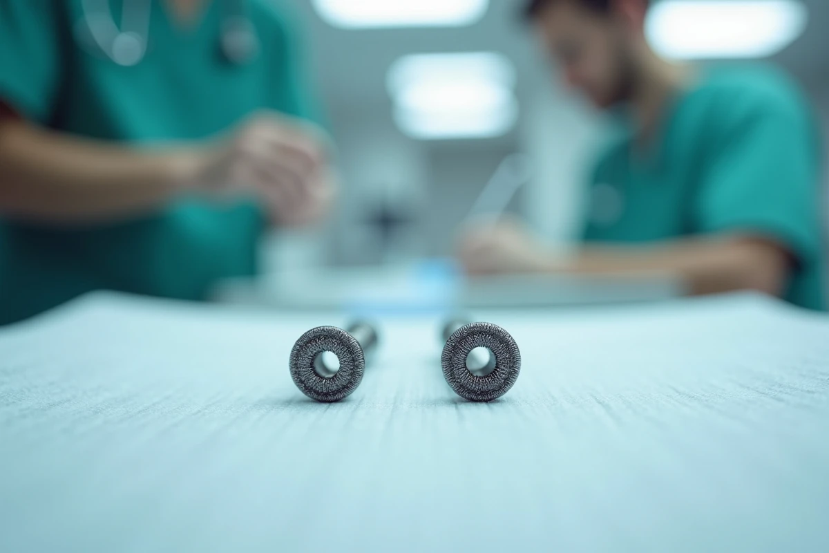 Comparaison côte à côte d'un ancien stent métallique nu et d'un stent moderne à élution de médicaments sur un champ chirurgical stérile en laboratoire