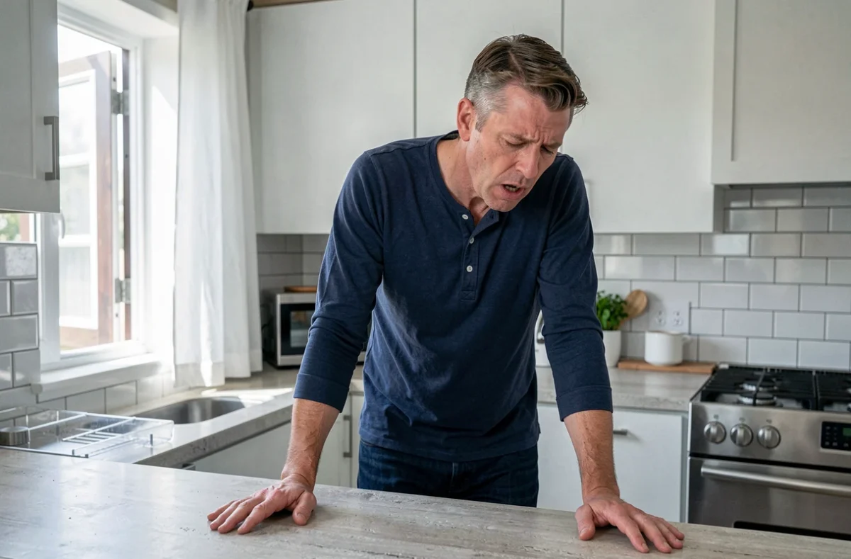 Homme d'âge moyen appuyé sur un comptoir de cuisine, posture d'essoufflement, symptômes évocateurs d'asthme en journée