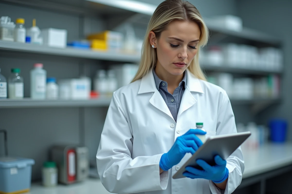 Technicienne en laboratoire manipulant un vial de lait