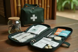 Trousse de premiers secours ouverte avec matériel de soin pour morsure de mygale lors d'un voyage exotique