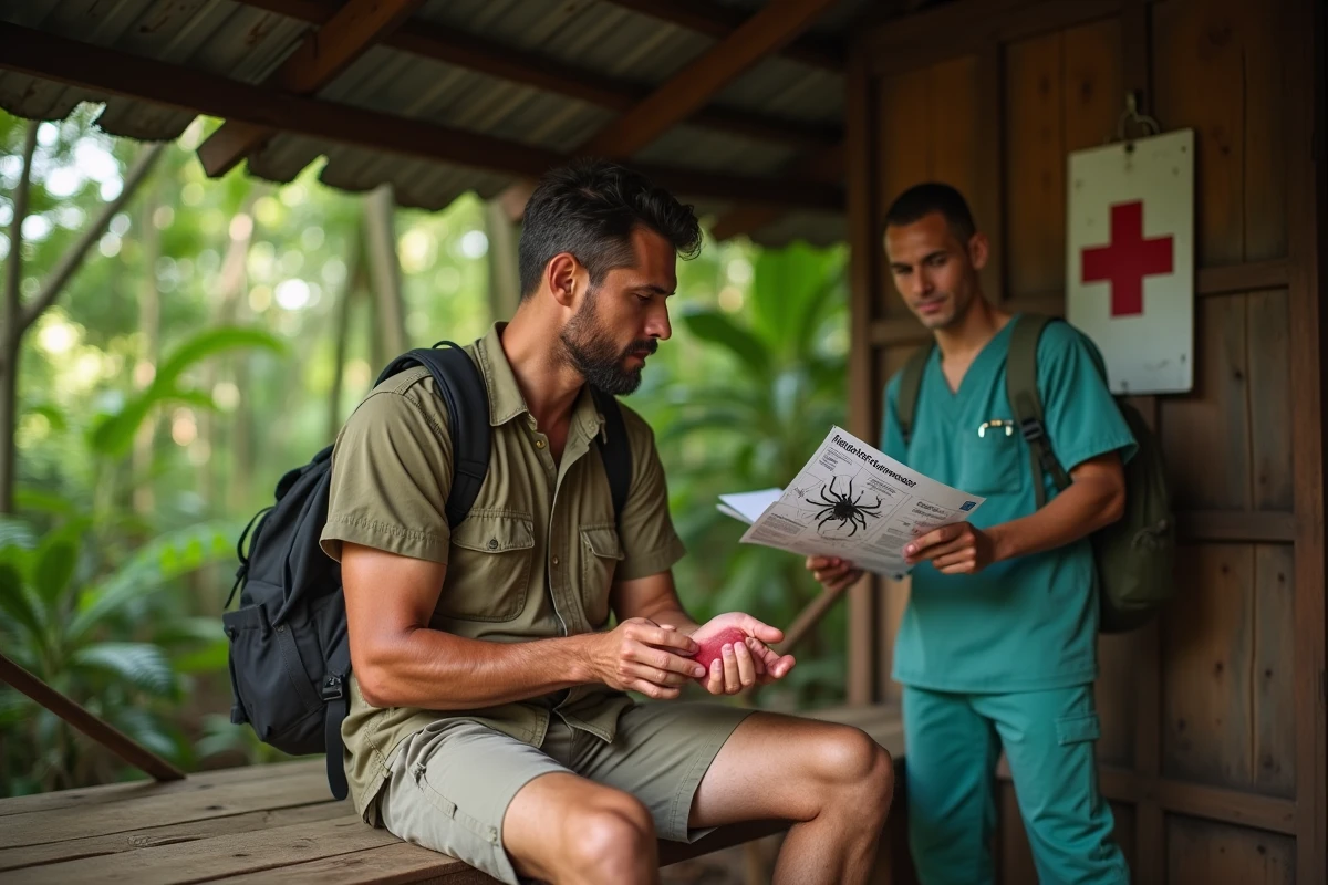 Voyageur examinant une morsure de mygale au poignet près d'un poste médical en forêt tropicale