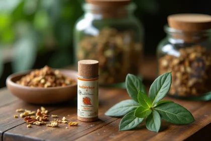 Yadom thaïlandais traditionnel posé sur une table en teck avec des feuilles d'eucalyptus et des herbes séchées dans une pharmacie de Bangkok